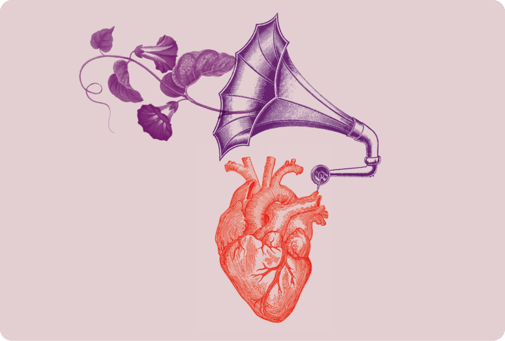 Illustrazione collage con cuore anatomico sormontato da un megafono da cui spunta una pianta rampicante con fiori