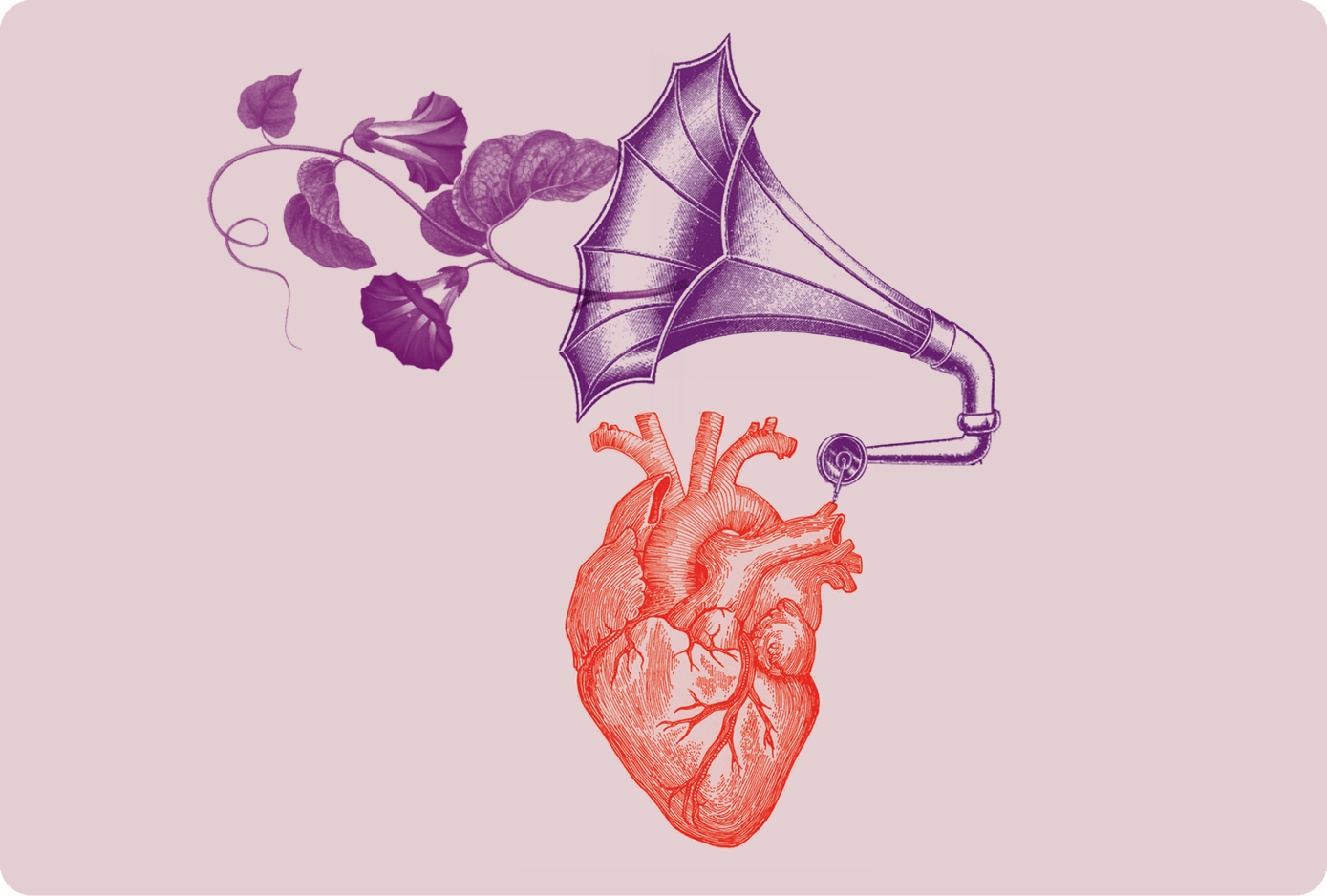 Illustrazione collage con cuore anatomico sormontato da un megafono da cui spunta una pianta rampicante con fiori