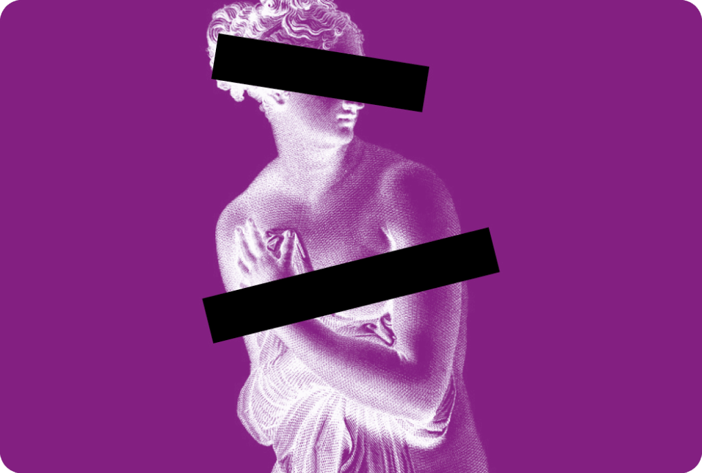Scultura di donna classica, greca o romana in marmi bianco su sfondo viola con due bande nere orizzontali che le coprono gli occhi e che il seno le cui braccia già tentano di nasconderlo e di coprirlo con una veste.