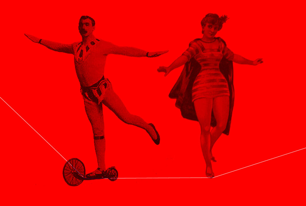 Una coppia sul filo cerca di mantenere l'equilibrio. Due figurine prese da un circo dell'800 raccontano l'importanza di mantenersi attenti in una stessa relazione