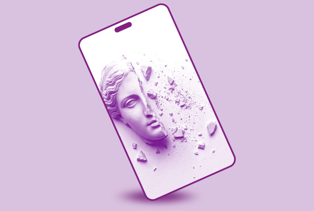 La violenza digitale è rappresentata con l'immagine di testa di donna in gesso andata in frantumi per metà che appare visualizzata sullo schermo di un cellulare