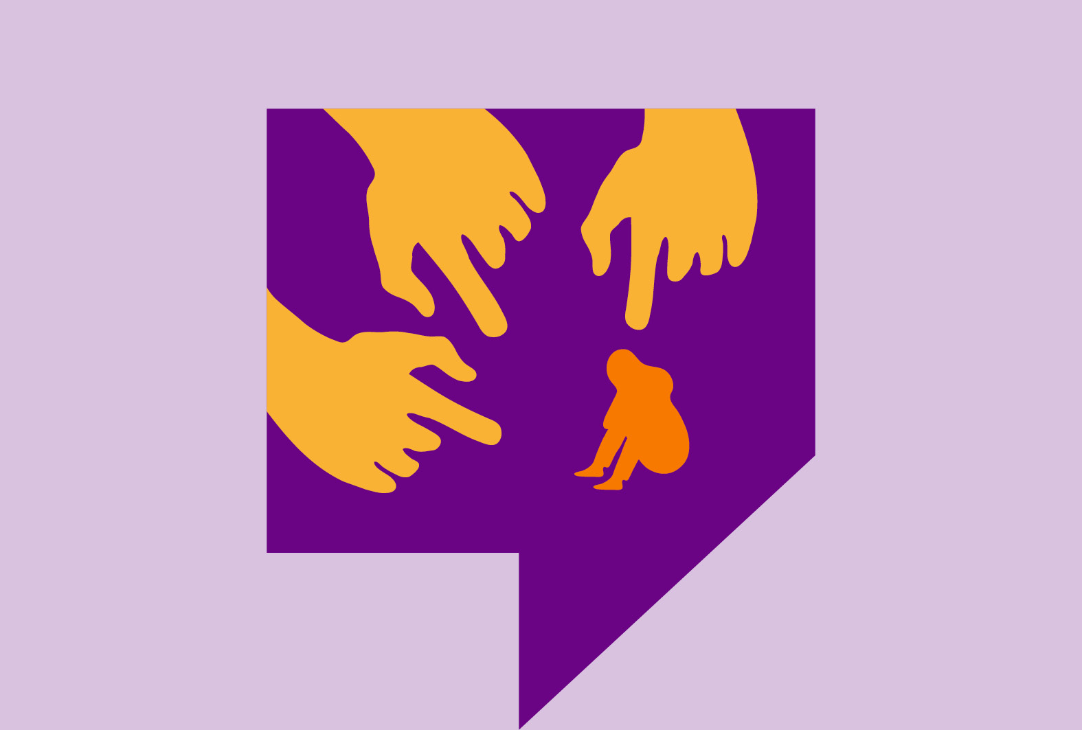 Illustrazione stilizzata vettoriale - Dentro un fumetto squadrato delle mani stilizzate puntano il dito in direzione di una donna accucciata che si stringe le gambe con le braccia. figure a silhouette.