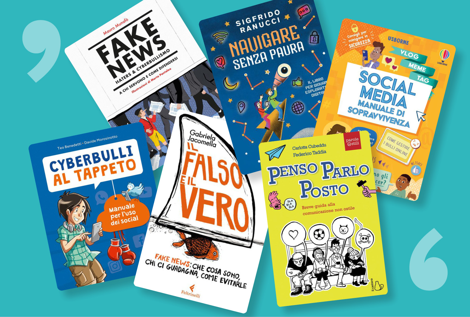 Sei copertine libri per ragazze e ragazzi su sfondo azzurro a tema: Linguaggi digitali - Libri per navigare è un percorso di lettura per imparare a conoscere la rete in tutte le sue sfumature, risorse e pericoli. Una piccola divulgazione per i più giovani ma anche per gli adulti che vogliono capire più del mondo dei social, orientandosi nelle terminologie e nelle tante sfumature della comunicazione digitale.