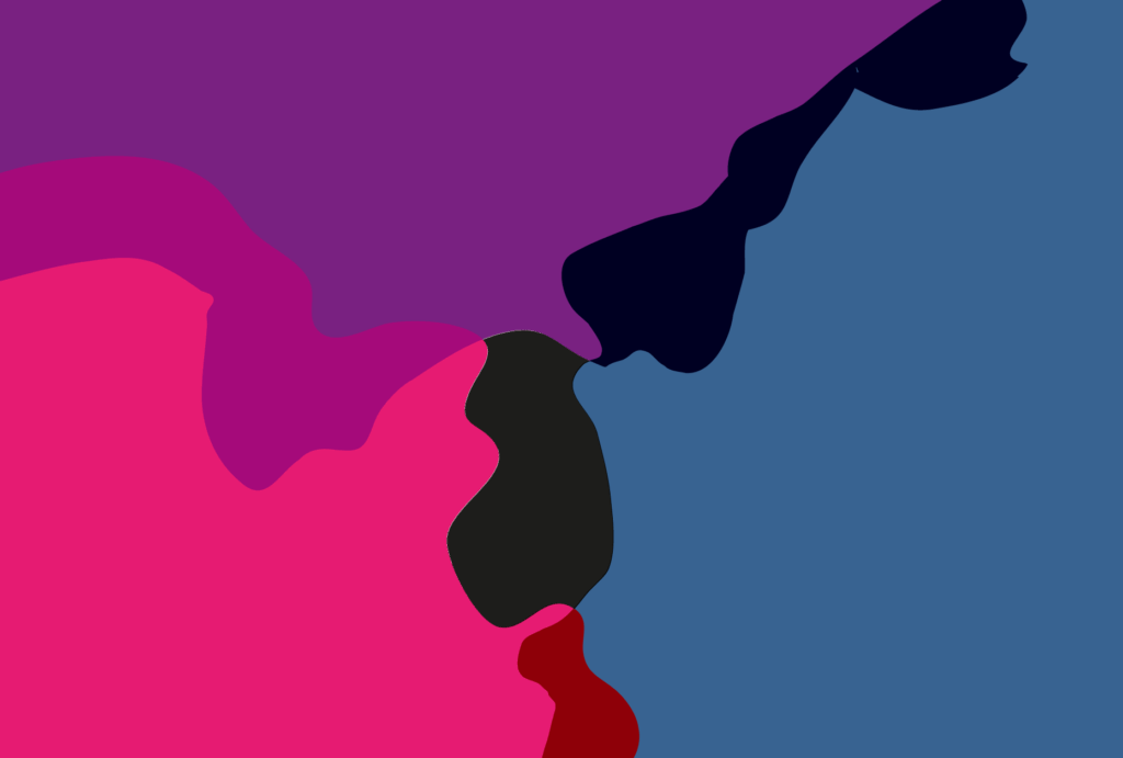 Hate speech - Tre facce che urlano si intersecano, come se si stesso divorando. Tre silhouette di volto in disegno vettoriale a tre colori fuxia, viola, blu. Al centro uno spazio nero che fagocita,