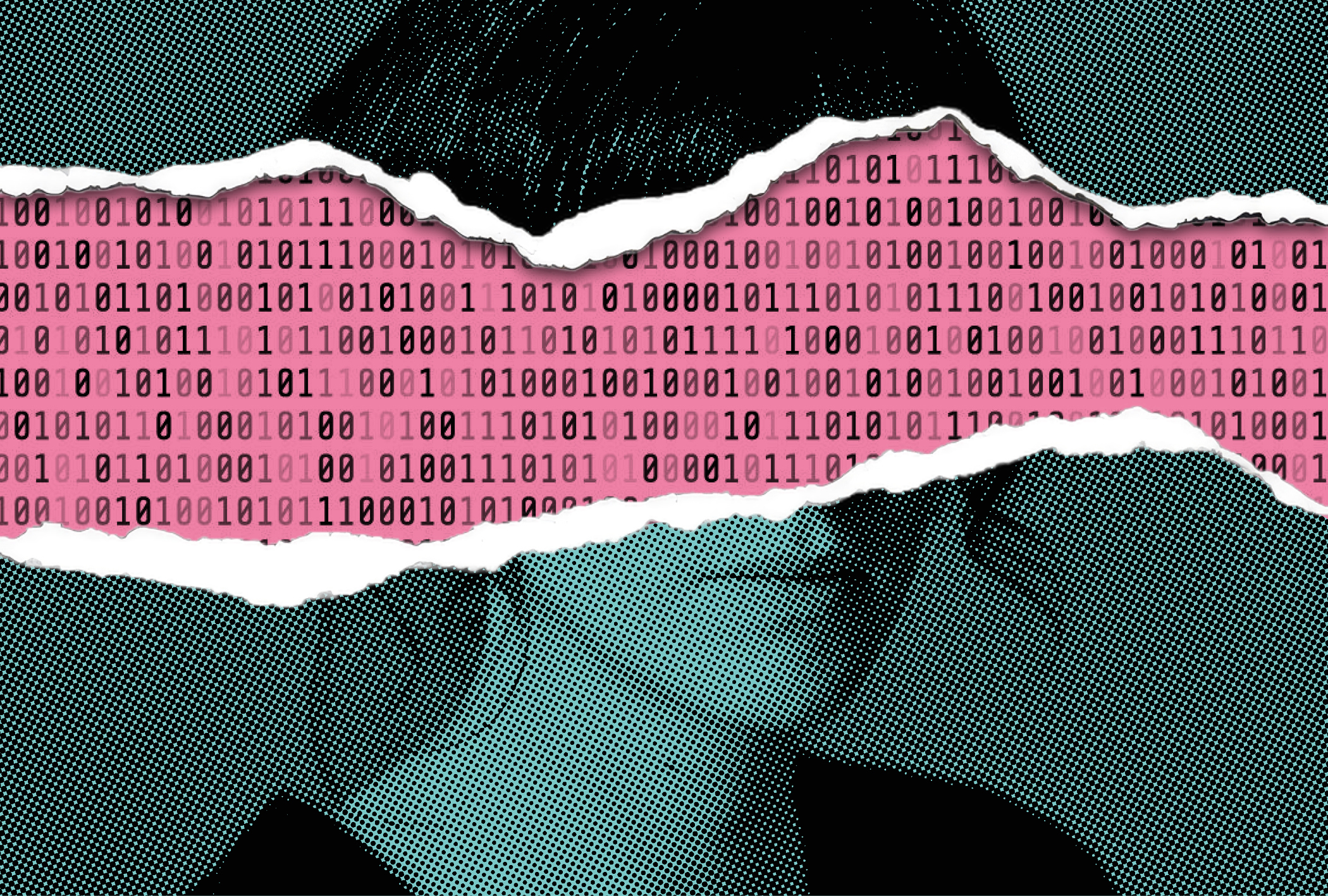 Volto di donna con volto strappato all'altezza degli occhi, sotto lo strappo si leggono linee di codice di programmazione