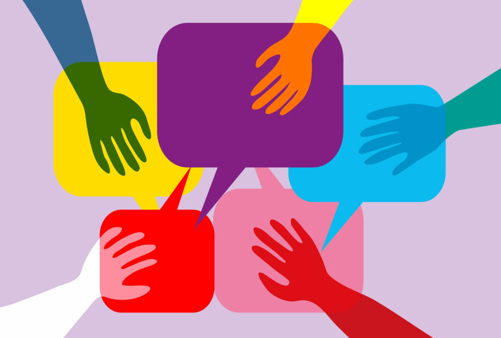 Illustrazione vettoriale con mani colorate che si poggiano su altrettante vignette a simbolizzare la partecipazione attiva al dialogo