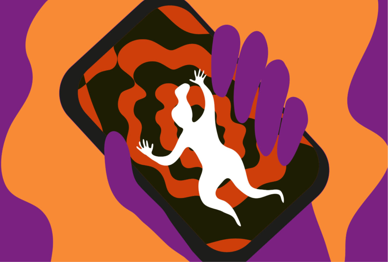 Illustrazione a tema Sextotion. L'immagine è quella di uno mano che impugna saldamente uno smartphone, sul cui schermo cade una donna come dentro una spirale nera e arancio.